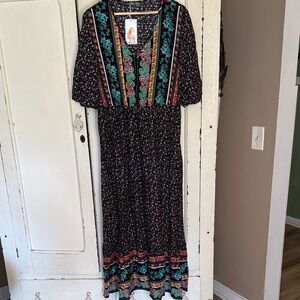 Black Paisley-Print Maxi Dress with Teal & Coral Accents